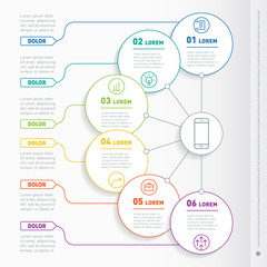 Business presentation concept with 6 options. Web Template of a info chart or diagram made from lines. Part of the report with icons set. Vector infographic of technology or education process.