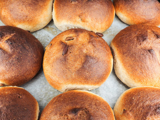 Pumkin seed buns baked, on baking paper at close-up