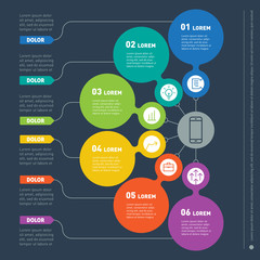 Business presentation concept with six options. Vector infographic template of technology or education process. Part of the report with icons set. Web Template of a info chart or diagram.