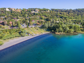 Aerial view of Albano Lake coast, Rome Province, Latium, central Italy