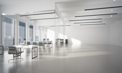 Office interior design in whire color and rays of light from window