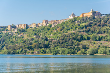 Fototapeta na wymiar Panoramic view of Albano Lake coast, Rome Province, Latium, central Italy