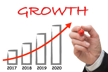 Business man drawing growth chart for the year 2020.