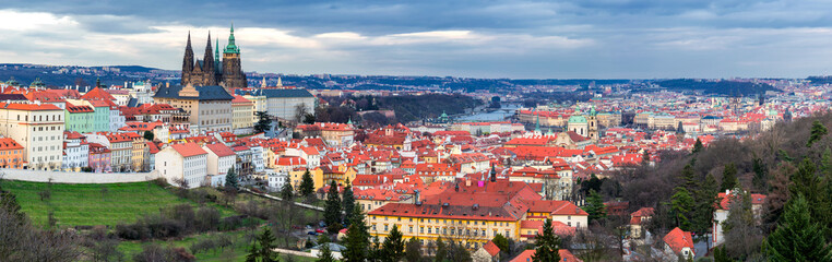 Fototapeta na wymiar Panorama of Prague from Petrin hill. Concept of Europe travel, sightseeing and tourism. Czech Republic.