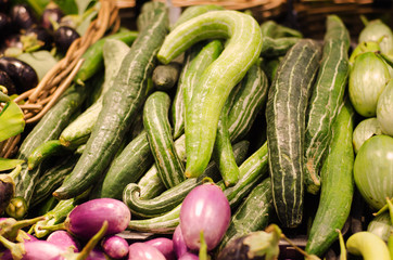 Organic cucumber and onion in supermarket