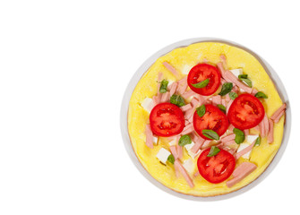 omelet with ham and cheese. top view. isolated on white