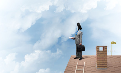 Concept of home security and privacy protection with camera headed man