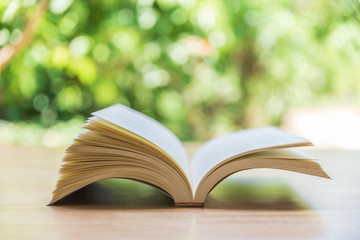 Open book on wood planks over abstract light background