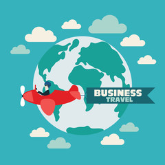 Global travel and journey modern illustration. International business travel and adventure vector concept. Businessman flying on airplane with banner around the globe