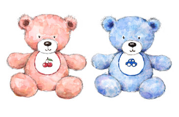Watercolor Baby Teddy Bears Set Pastel Blue and Pink Boy and Girl Nursery Room Hand Painted Illustration isolated on white background