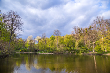 Fototapeta na wymiar Beautiful spring landscape with lake and perfect sky