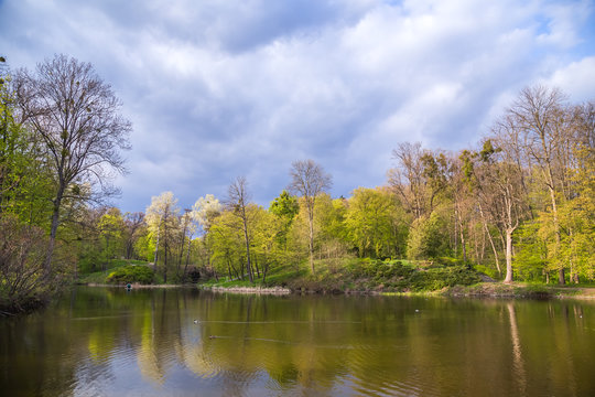Beautiful spring landscape with lake and perfect sky