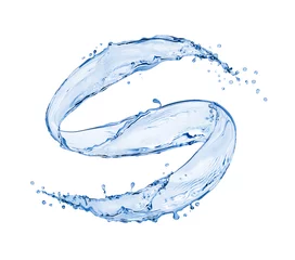 Fototapeten Blaue Wasserspritzer in wirbelnder Form, isoliert auf weißem Hintergrund © Krafla