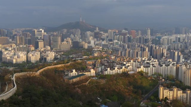 Panning shot of Seoul skyline, South Korea.