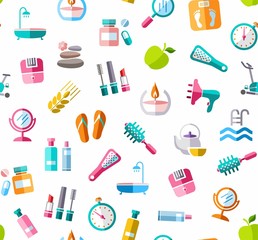 Beauty and health, background, seamless, color, white, vector. Care for body and face. Colored icons on white background. Flat, vector clip art. Seamless vector background. 