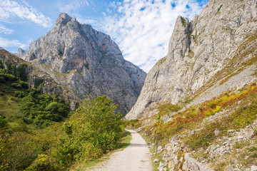 Hiking trail to the village Bulnes. the village is one of the remotest hamlets in Spain. No roads reach Bulnes. It can now be accessed by an underground funicular railway from Poncebos as well by foot
