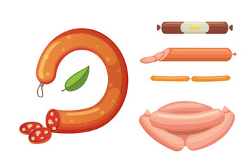 Set of vector cartoon sausage. Bacon, sliced Salami and Smoked Boiled. Isolated fresh Delicatessen icons. Grilled product on a white background