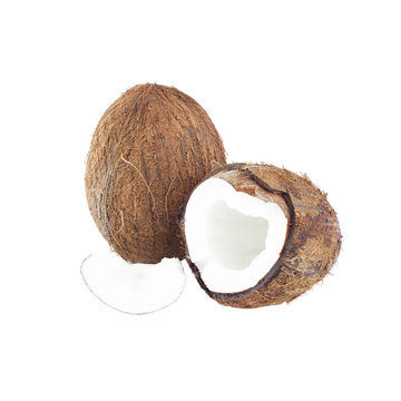 Whole and a half of coconuts isolated white