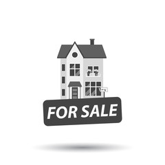 For sale sign with house. Vector illustration in flat style.