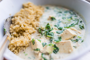 Macro closeup of tofu green curry with quinoa in bowl