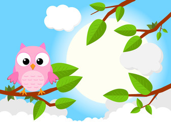 Colorful tree with cute owl. Cartoon bird in sunny forest. Flat vector illustration.