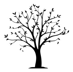 Black vector silhouette of a tree with leaves isolated on white background