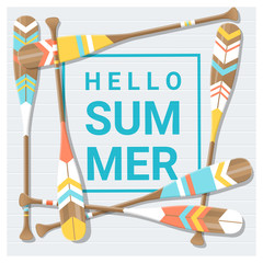 Naklejka premium Hello summer background with painted canoe paddle , vector , illustration