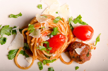 Meatball and cherry tomato spaghetti