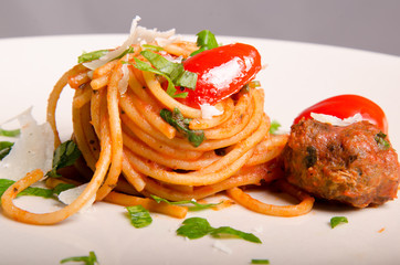 Meatball and cherry tomato spaghetti
