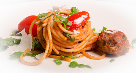 Meatball and cherry tomato spaghetti