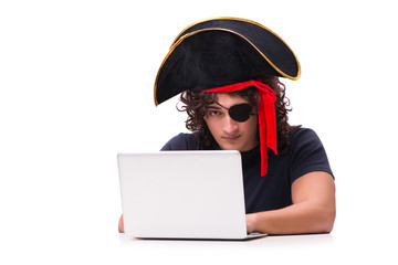 Digital security concept with pirate isolated on white