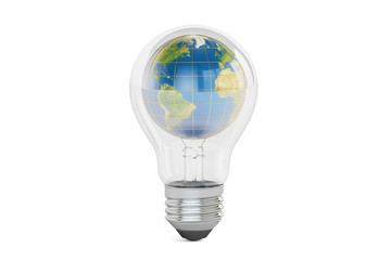 Light bulb with earth globe inside, save energy concept. 3D rendering