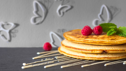 fresh Pancakes with Raspberry and Mint