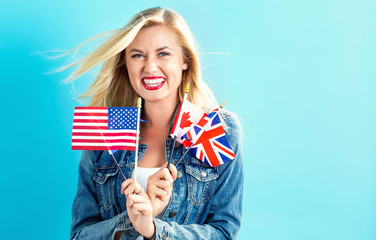  Woman with flags of English speaking countries