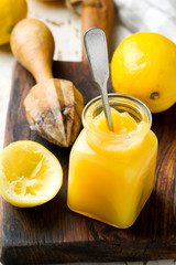 Lemon curd in glass jar.style rustic