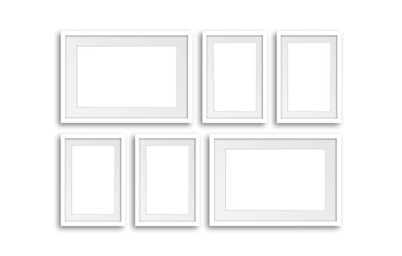 Six white frames set mock up. Interior decor wallpaper