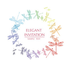 Vector round frame with dragonflies. Decorative circle with dragonflies and text.