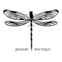 Vector logotype for jewelry boutique, store, shop. Elegant dragonfly silhouette at white background. Outline of dragonfly. Can be used for postcard, print, logo, poster, label. 