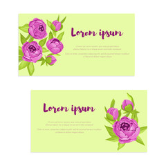 Set of abstract elegance cards with purple peonies for wedding invitation, marriage card, congratulation banner, advertise