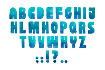 Aquarelle font hand drawn alphabet watercolor illustration.