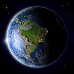 South America from space during sunset