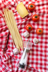 Italian pasta ingredients on the wooden table