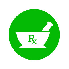 Icono plano mortero con RX en circulo verde