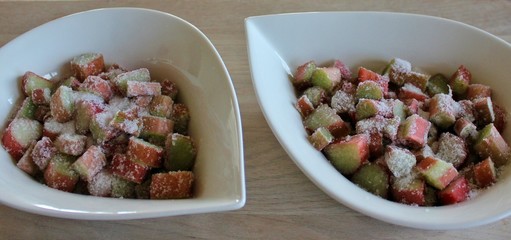 Preparation for baked rhubarbs ready to go into the oven

