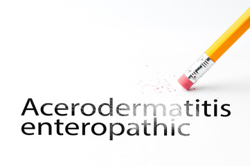 Closeup of pencil eraser and black acerodermatitis enteropathic text. Acerodermatitis enteropathic. Pencil with eraser.