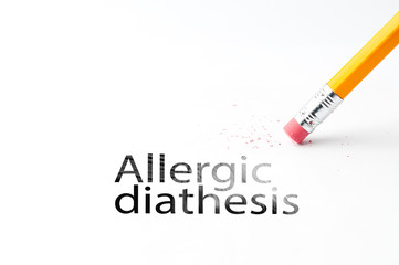 Closeup of pencil eraser and black allergic diathesis text. Allergic diathesis. Pencil with eraser.