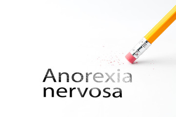 Closeup of pencil eraser and black anorexia nervosa text. Anorexia nervosa. Pencil with eraser.