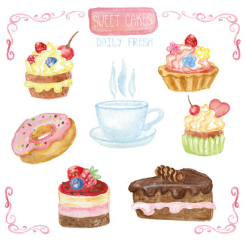 Watercolor sweet cakes set with cap