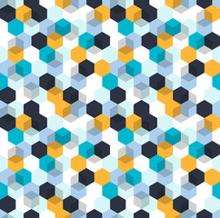 Honeycomb vector background. Seamless pattern with colored hexagons and cubes. Geometric texture, ornament of blue, white and yellow color for business presentation backdrop.