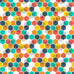 Honeycomb vector background. Seamless pattern with colored hexagons and cubes. Geometric texture, ornament of blue, red, green, white and yellow color for business presentation backdrop.